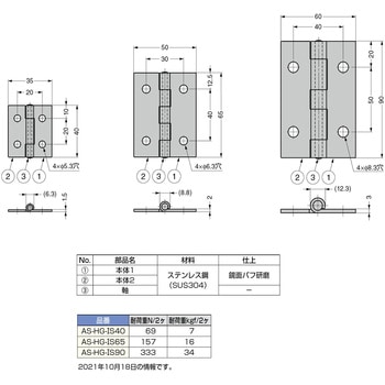 AS-HG-IS40 ステンレス鋼製アルミフレーム用平丁番 AS-HG-IM型 1個
