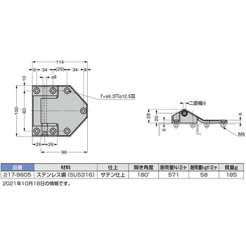 180°開きステンレス鋼製(SUS316Ti)製  高さ調整機能付丁番 217-9605 LAMP(スガツネ)