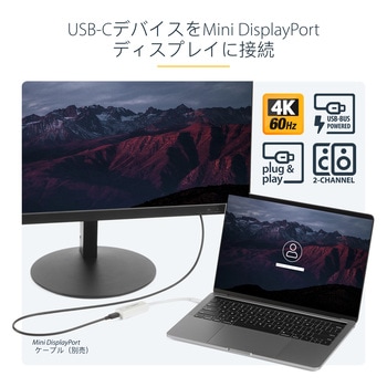 USB-C - Mini DisplayPort ディスプレイ変換アダプター/4K60Hz/DP Altモード/Thunderbolt 3対応/ホワイト/USB Type-CパソコンからMini DP モニターなどへの変換コネクター StarTech.com