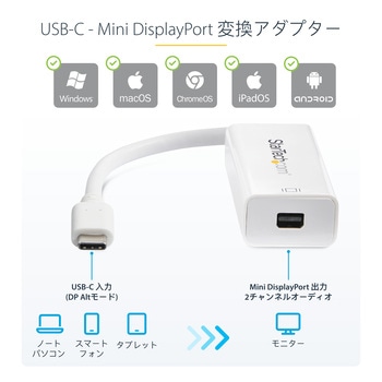 USB-C - Mini DisplayPort ディスプレイ変換アダプター/4K60Hz/DP Altモード/Thunderbolt 3対応/ホワイト/USB Type-CパソコンからMini DP モニターなどへの変換コネクター StarTech.com