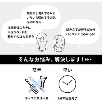 <約3分で組立完了>工具不要&ネジ無し頑丈ベッド ミドル脚 高さ調節可能 耐荷重400kg 頑丈 コンセント付き 宮棚付き 萩原