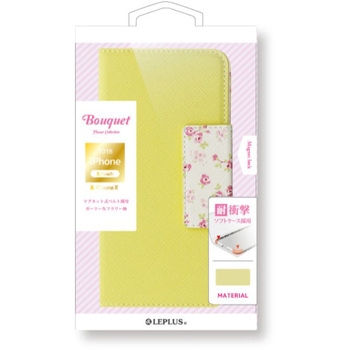 iPhone XS/iPhone X  フラワー柄ブックケース「Bouquet」 イエロー ストラップホール付 スタンド機能 LEPLUS