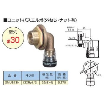 SMUB13N エスロカチットS ユニットバスエルボ(外ねじ・ナット有