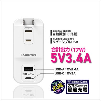 電源タップ AC3 USBA+C 3.4A 自動識別  リバーシブル カシムラ