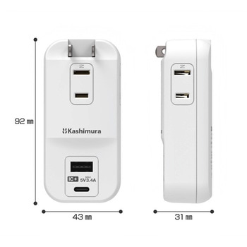 電源タップ AC3 USBA+C 3.4A 自動識別  リバーシブル カシムラ