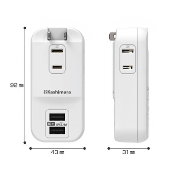 電源タップ AC3 USBA2 3.4A 自動識別  リバーシブル - カシムラ