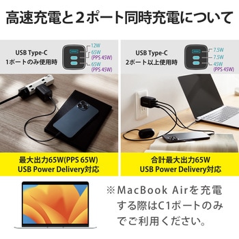 ノートパソコン 充電器 PD65W PPS対応 Type-C×2 USB A×1 折りたたみプラグ 小型 軽量 エレコム