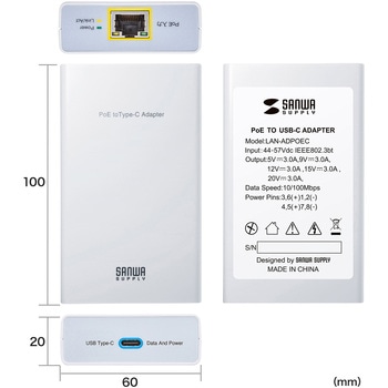 変換アダプタ PoE-USB TypeC PD60W給電/データ通信 サンワサプライ