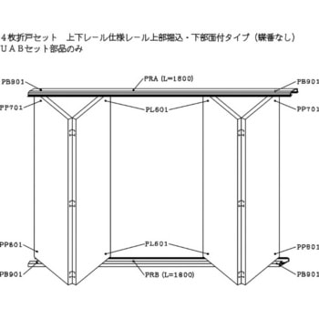 4枚折戸セット上下レール付き仕様レール上部堀込下部面付タイプ(蝶番無し) ケージーパルテック