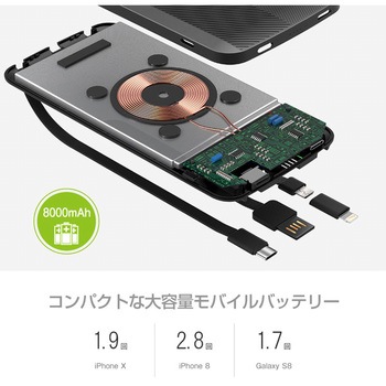 4in1ワイヤレスモバイルバッテリー マルチ充電ケーブル付 8000mAh HACRAY(ハクライ)