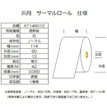 KT146012 サーマルロール紙 幅114mm 外径60mm コウナン 白色 感熱紙