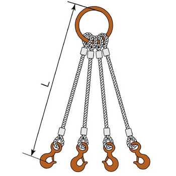 JIS ロック止ワイヤ 4点吊丸リング 6mm 環付きフック 0．32t 塗装 1組 T-1t