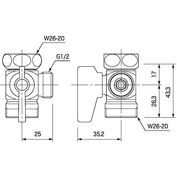 ZK73 切替ボール弁 ZK73 KVK レバー式 W×W×G 竪形3方向 ねじの呼びW26