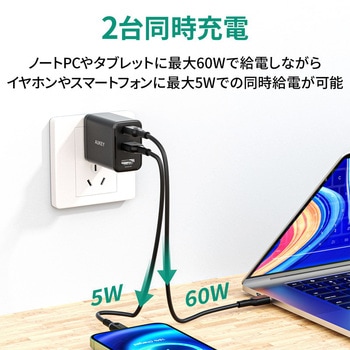 USB充電器 [PA-H60] 65W 画像出力対応 [USB-A 1ポート/USB-C 1ポート/HDMI 1ポート] ブラック AUKEY(オーキー)