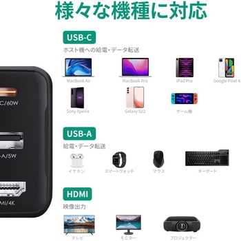 USB充電器 [PA-H60] 65W 画像出力対応 [USB-A 1ポート/USB-C 1ポート/HDMI 1ポート] ブラック AUKEY(オーキー)