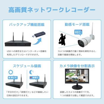 ワイヤレス500万画素(8台)カメラ・録画機(HDD8TB付)・16インチモニター防犯セット ブロードウォッチ
