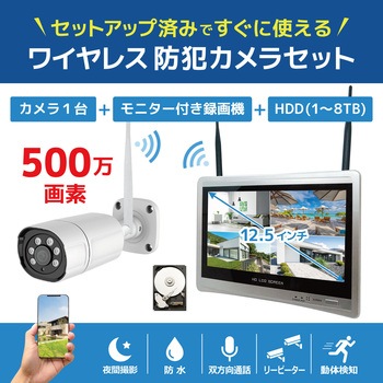 ワイヤレス500万画素(1台)カメラ・12.5インチモニター録画機(HDD4TB付)一体型防犯セット ブロードウォッチ
