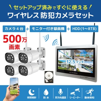 ワイヤレス500万画素(4台)カメラ・12.5インチモニター録画機(HDD8TB付)一体型防犯セット ブロードウォッチ