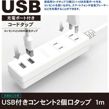 USB付き電源タップ 延長コード 抗菌仕様 TOPLAND