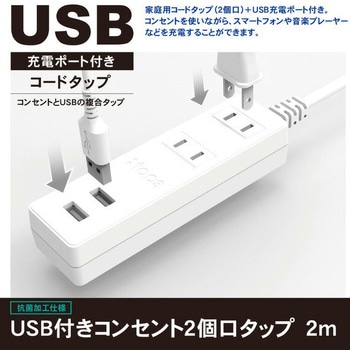 USB付き電源タップ 延長コード 抗菌仕様 TOPLAND