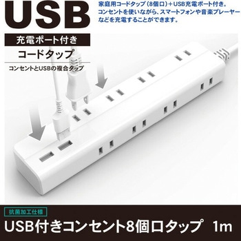 USB付き電源タップ 延長コード 抗菌仕様 TOPLAND