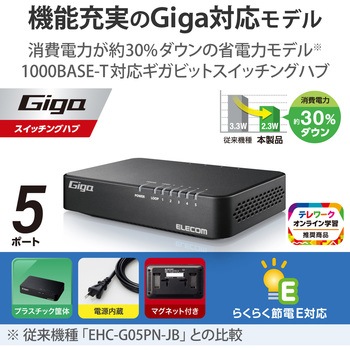 スイッチングハブ LANハブ 5ポート Giga対応 プラスチック筐体 マグネット付 電源内蔵 ファンレス エレコム