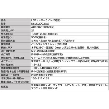 デルカテック LEDセンサーライト 2灯型 ホワイト DXアンテナ