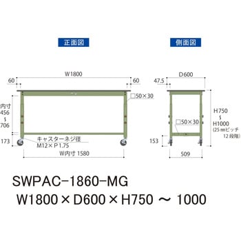 軽量作業台/耐荷重160kg_高さ調整移動式H750～1000_ポリエステル天板_ワークテーブル300シリーズ 山金工業