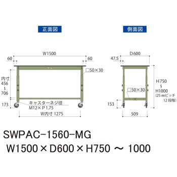 軽量作業台/耐荷重160kg_高さ調整移動式H750～1000_ポリエステル天板_ワークテーブル300シリーズ 山金工業