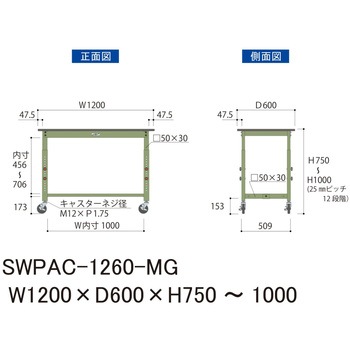 軽量作業台/耐荷重160kg_高さ調整移動式H750～1000_ポリエステル天板_ワークテーブル300シリーズ 山金工業