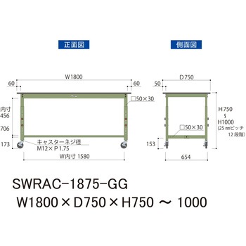軽量作業台/耐荷重160kg_高さ調整移動式H750～1000_塩ビシート天板_ワークテーブル300シリーズ 山金工業