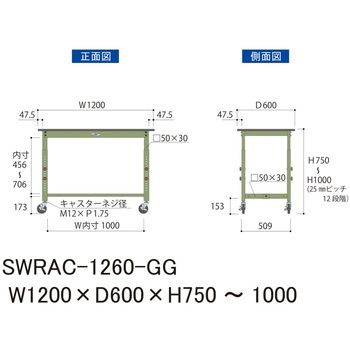 軽量作業台/耐荷重160kg_高さ調整移動式H750～1000_塩ビシート天板_ワークテーブル300シリーズ 山金工業