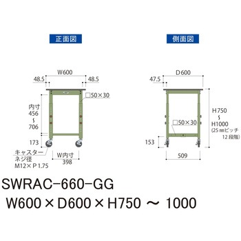 軽量作業台/耐荷重160kg_高さ調整移動式H750～1000_塩ビシート天板_ワークテーブル300シリーズ 山金工業