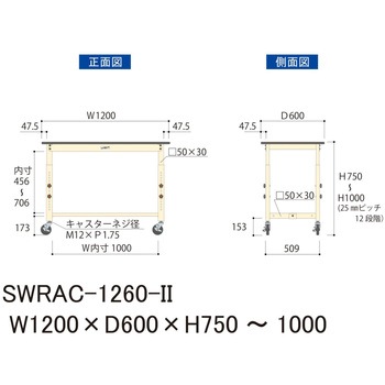 軽量作業台/耐荷重160kg_高さ調整移動式H750～1000_塩ビシート天板_ワークテーブル300シリーズ 山金工業