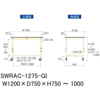 軽量作業台/耐荷重160kg_高さ調整移動式H750～1000_塩ビシート天板_ワークテーブル300シリーズ 山金工業