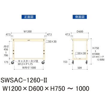 軽量作業台/耐荷重160kg_高さ調整移動式H750～1000_スチール天板_ワークテーブル300シリーズ 山金工業