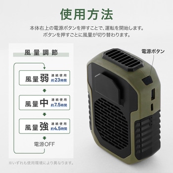 バッテリー機能つきベルトファン カーキ 腰掛扇風機 モバイルバッテリー 風量3段階 バッテリー容量6000mAh 連続使用最大23時間 ネックストラップ付属 QoLBE
