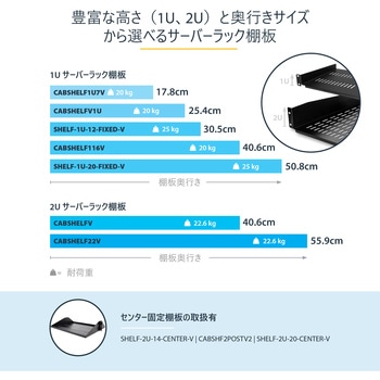 1U サーバーラック棚板/19インチ装置ラック&キャビネット用放熱スリット付きカンチレバートレイ/高耐久性スチール/耐荷重20kg/奥行40cm ブラック StarTech.com