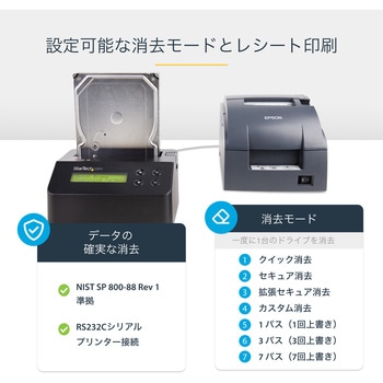 HDD/SSDスタンド/データ消去専用/PC不要またはUSB 3.0接続/1ベイ/2.5/3.5インチ/スタンドアローン型/消去モード9種/4Kn/LCDディスプレイ/DB-9プリンターポート/HDD イレーサー 完全消去 StarTech.com