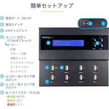 USBメモリ デュプリケーター/1対7/PC不要 スタンドアローン型/コピーモード2種類(1.5 GB /分)/消去モード3種類/LCDディスプレイ/フラッシュ ドライブ、メモリースティック コピー機 StarTech.com