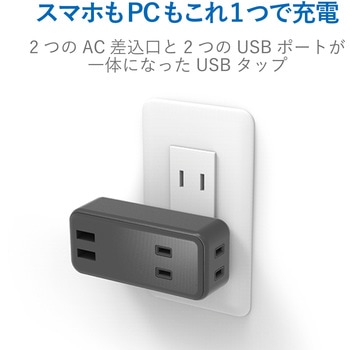USB付 電源タップ 2P×2個口 USB×2ポート 合計2.4A  ほこり防止シャッター 横向き エレコム