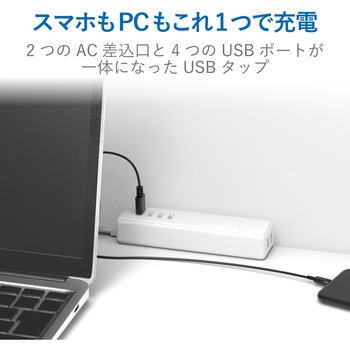 USB付 電源タップ 2P×2個口 USBポート 合計3.4A 60cm ほこり防止シャッター スイングタップ エレコム