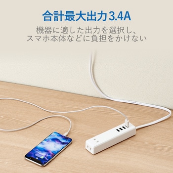 USB付 電源タップ 2P×2個口 USBポート 合計3.4A 60cm ほこり防止シャッター スイングタップ エレコム