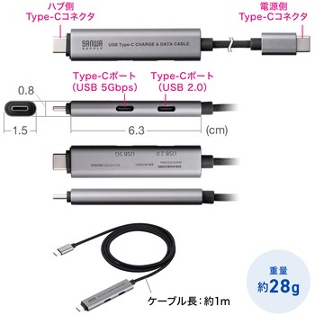 USBハブ USB 5Gbps ケーブル一体型 サンワダイレクト