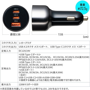 カーチャージャー USB Power Delivery対応 PD65W/33W+30W サンワダイレクト