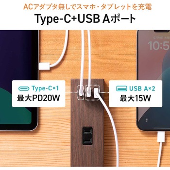 電源タップ 雷ガード付き USB-A+Type-C(PD20W) サンワダイレクト