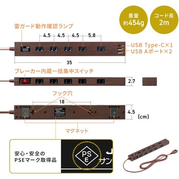 電源タップ 雷ガード付き USB-A+Type-C(PD20W) サンワダイレクト