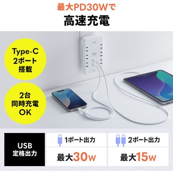 電源タップ USB充電機能付き PD30W対応 サンワダイレクト