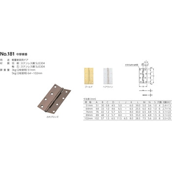 181 中厚蝶番 D  76ミリ BEST[金物]