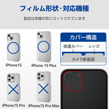 iPhone15/15Plus カメラフィルム ガラス フレーム付 高透明 指紋防止 カメラレンズ保護カバー エレコム